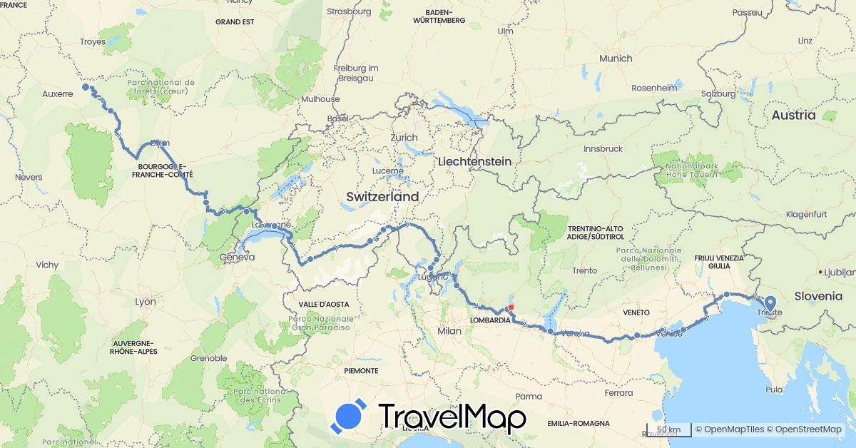 TravelMap itinerary: cycling, hiking in Switzerland, France, Italy (Europe)