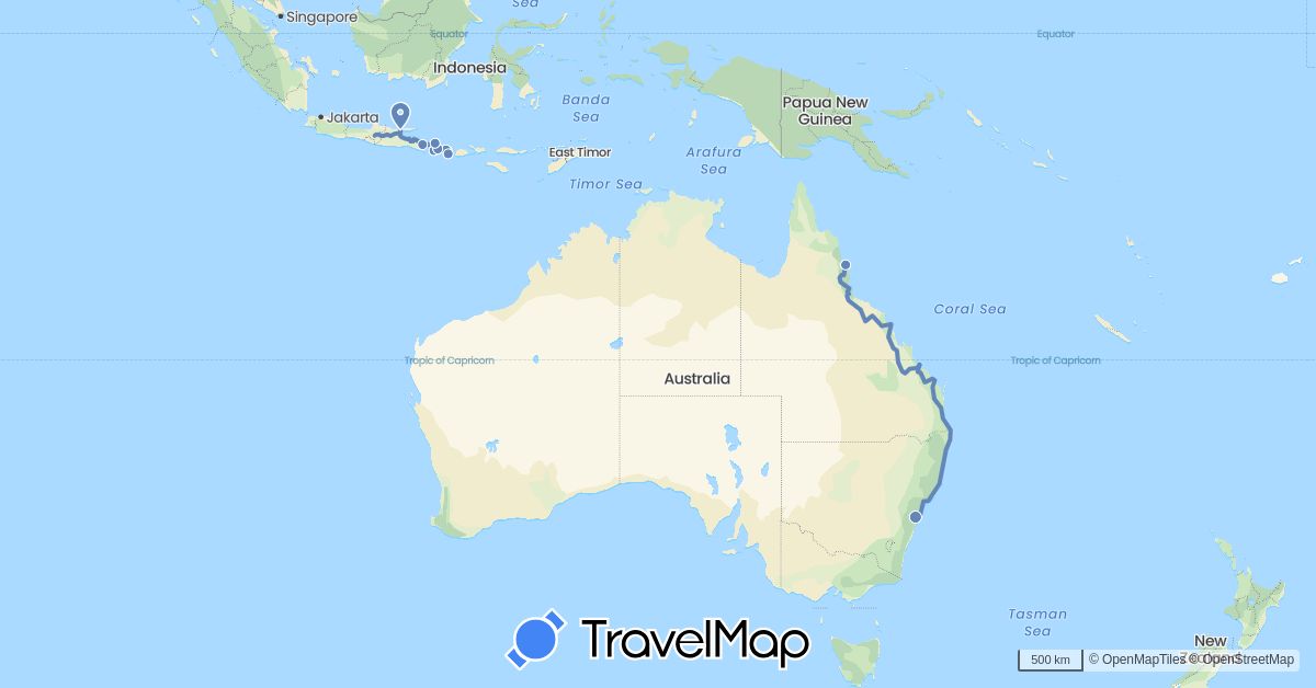 TravelMap itinerary: driving, cycling in Australia, Indonesia (Asia, Oceania)
