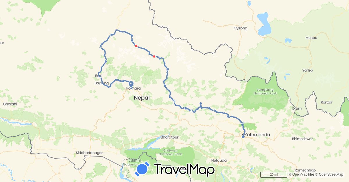 TravelMap itinerary: cycling, hiking in Nepal (Asia)